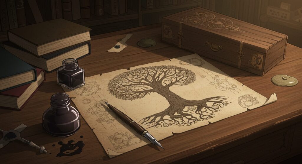 世界樹の棺のイメージ画像。古い机に置かれた羽ペンと、複雑な模様が描かれた羊皮紙が描かれた、作者の創作をイメージさせる落ち着いたアニメ調イラスト