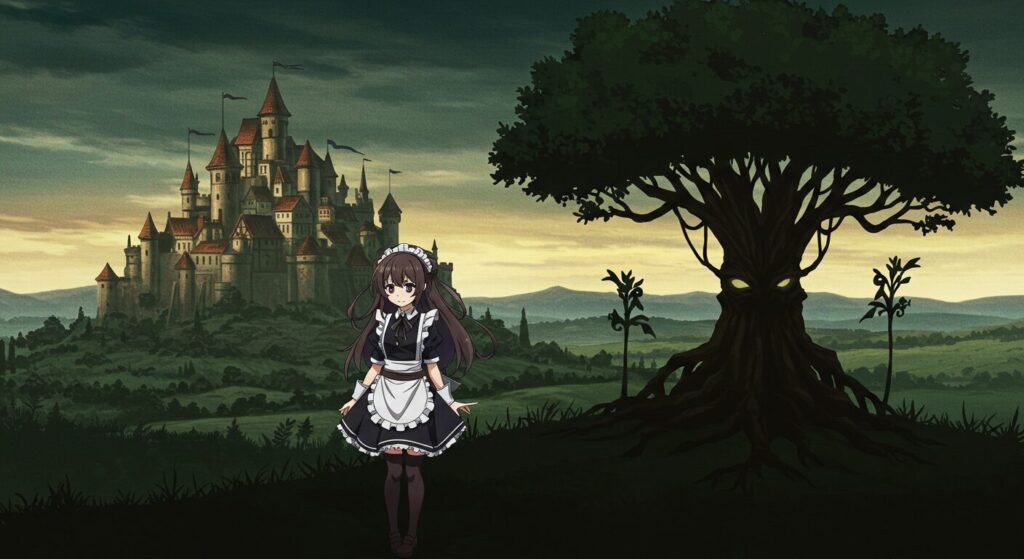 世界樹の棺のあらすじイメージ。城下町を背景に立つメイド服の少女(恋塚愛埋)と不穏な世界樹のシルエットが描かれたダークなアニメ調イラスト