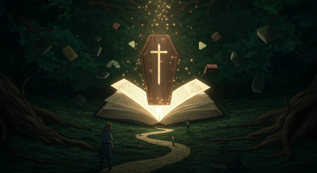 『世界樹の棺』から広がる読書の世界イメージ。開かれた本から他の本や光の道が伸びていく様子を描いた、ダークで幻想的なアニメ調イラスト
