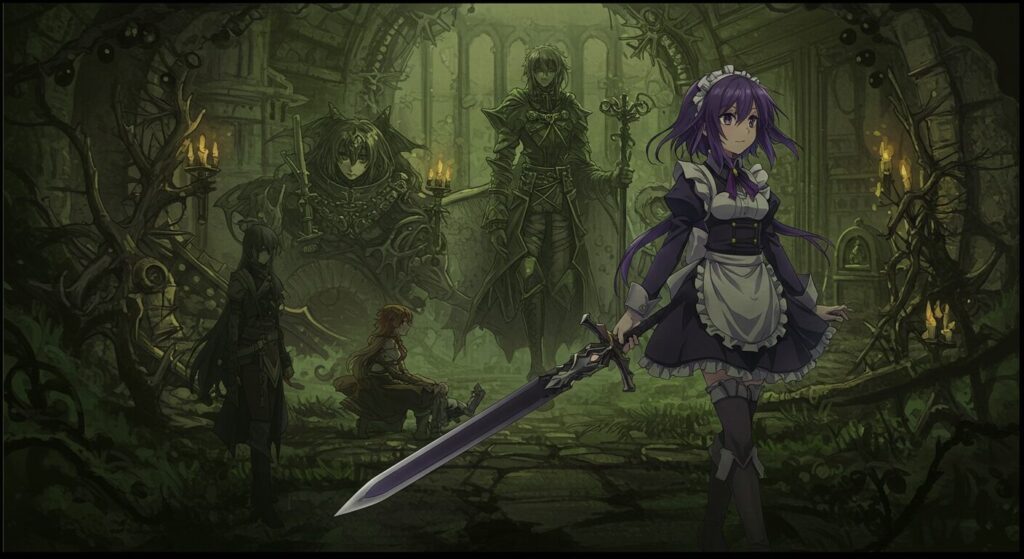 イラストレーター淵゛先生の描く『世界樹の棺』の魅力。神秘的な背景美術とキャラクターのシルエットが描かれた美しいアニメ調イラスト
