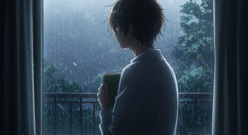 ライトノベル「僕が僕をやめる日」を読んだ後の感想を象徴するイメージ。雨の降る窓辺で本を胸に物思いにふける人物の後ろ姿。内省的で文学的な雰囲気