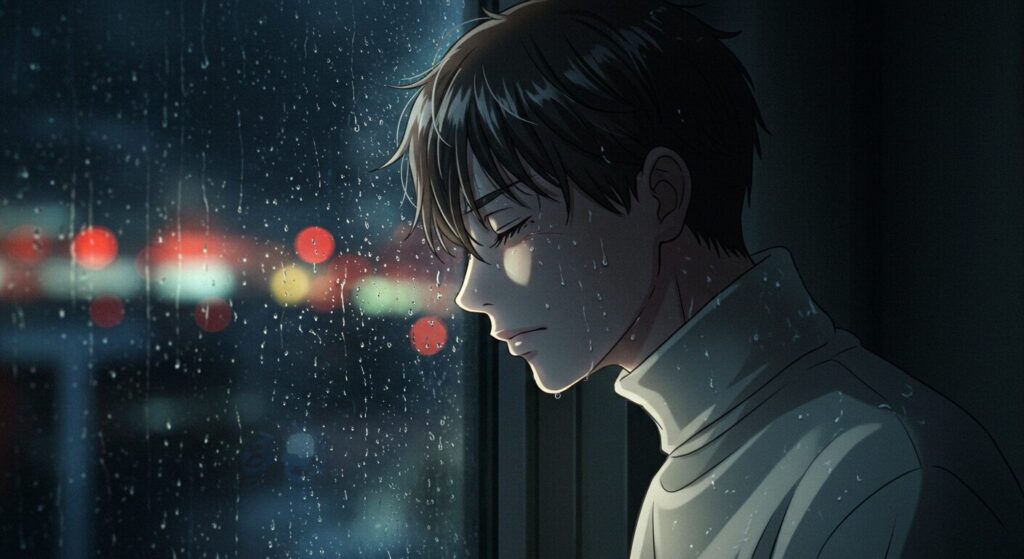 ライトノベル「僕が僕をやめる日」の心理描写を象徴するイメージ。雨が降る窓辺で目を閉じ、複雑な表情を浮かべる主人公の高木健介の横顔。エモーショナルな雰囲気