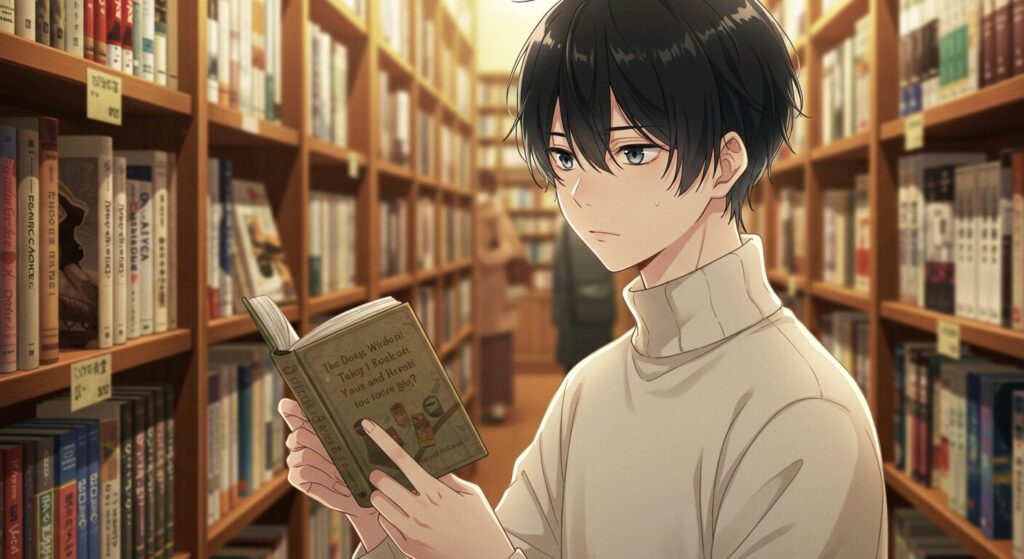 ライトノベル「僕が僕をやめる日」を読むべきか判断するヒントを象徴するイメージ。書店の棚から古びた本を手に取り、真剣な表情で見つめる黒髪の少年、高木健介。知的で穏やかな雰囲気
