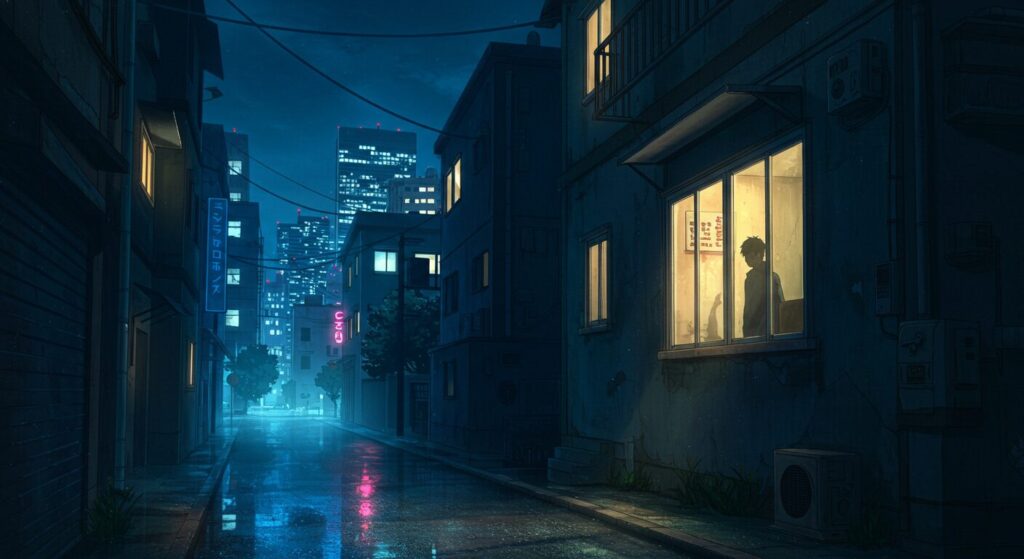 ライトノベル「僕が僕をやめる日」の世界観を象徴するイメージ。夜の都会の片隅、古びたアパートの窓から漏れる灯りと、背景に広がる高層ビル群。現代社会の格差と孤独感を表現