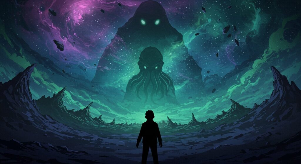 クトゥルーの呼び声の魅力を象徴する画像。宇宙的恐怖を前に呆然と立ち尽くす人間のシルエットと、背景に広がる異次元的な風景