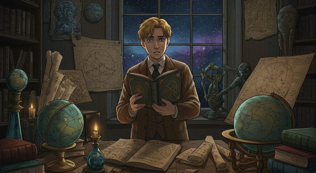 クトゥルーの呼び声の魅力を象徴する画像。古書と星図に囲まれ、作品世界に没入するフランシス・ウェイランド・サーストン