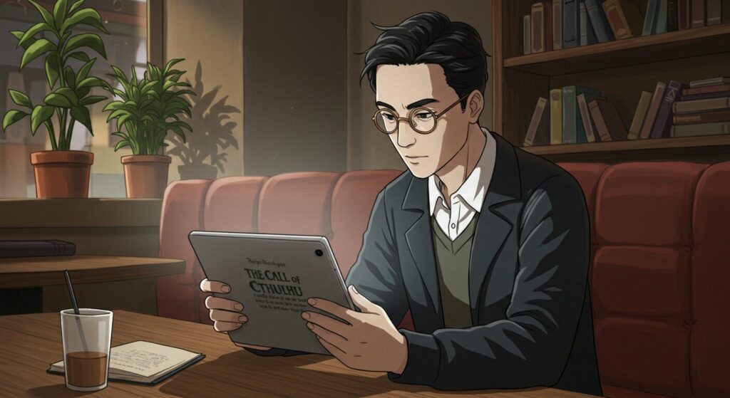 クトゥルーの呼び声をdブックで読むイメージ。タブレットで読書するフランシス・ウェイランド・サーストン