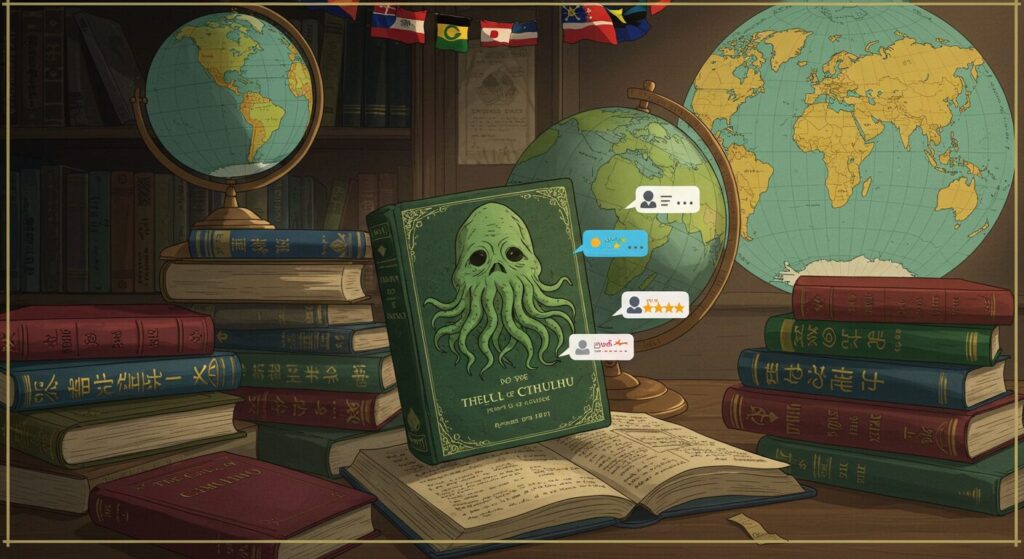 クトゥルーの呼び声の国際的評価。様々な言語の書物と地球儀、読書コミュニティの評価を象徴するイメージ