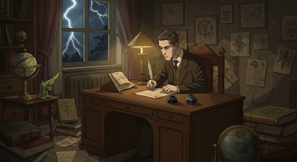 クトゥルーの呼び声の誕生秘話を象徴する画像。H.P.ラヴクラフト風の人物が嵐の夜に書斎で執筆している様子