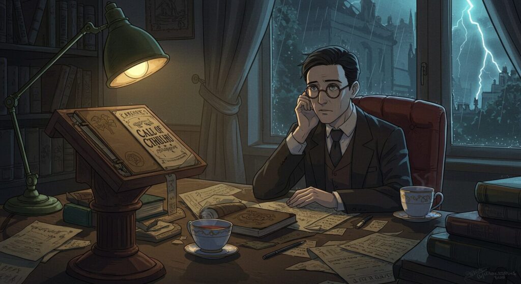 クトゥルーの呼び声の読者の感想を象徴する画像。作品を読み終え物思いにふけるフランシス・ウェイランド・サーストン