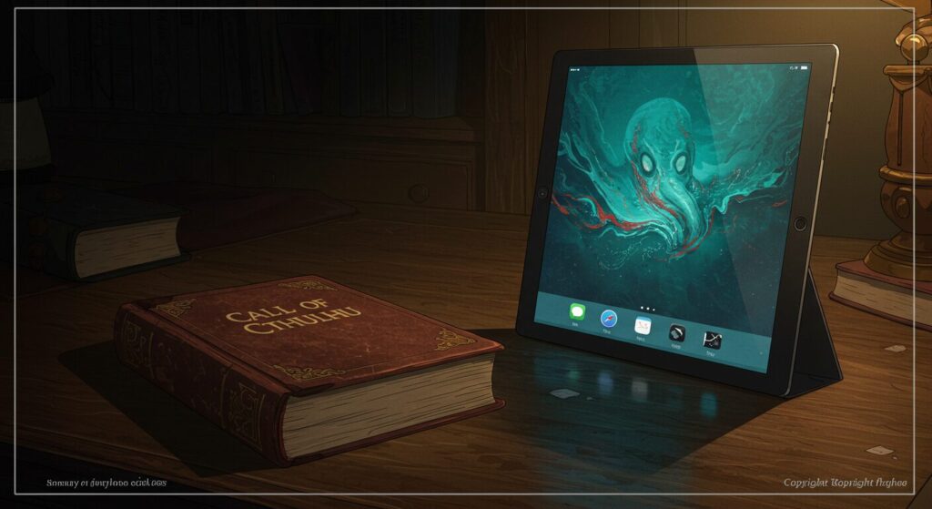 クトゥルーの呼び声まとめ。古書とタブレットが並び、古典作品を電子書籍で読むイメージ
