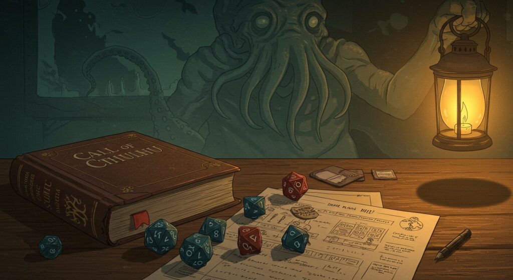 クトゥルーの呼び声とTRPG・ゲーム。原作小説とダイス、キャラクターシートが置かれたテーブル