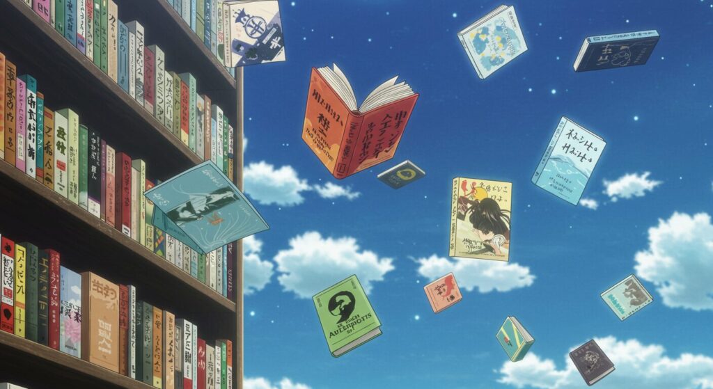野崎まどの多様な作品群をイメージさせる、様々なデザインの本が並んだり浮かんだりしている様子。アニメ調イラスト