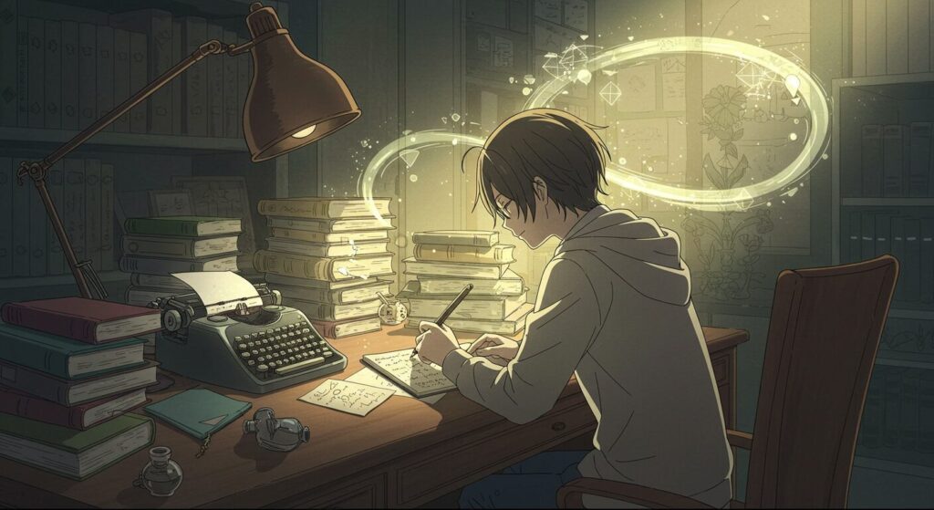 作家・野崎まどをイメージした執筆風景。万年筆とノート、背景にはアイデアが渦巻くような光。アニメ調イラスト