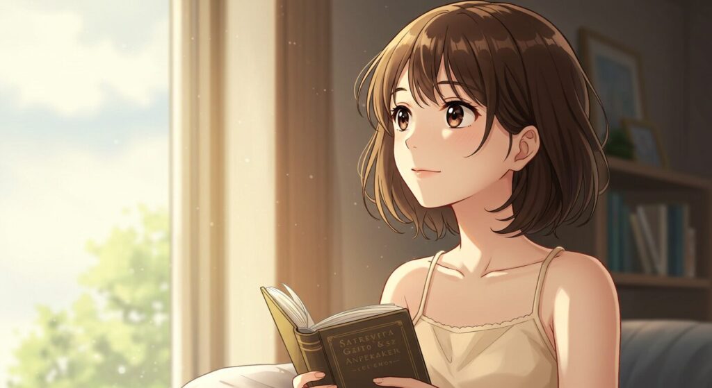 映アムリタのイメージ画像:本を読み終え、窓の外を眺めながら物思いにふける茶髪の女性キャラクター。アニメ調イラスト