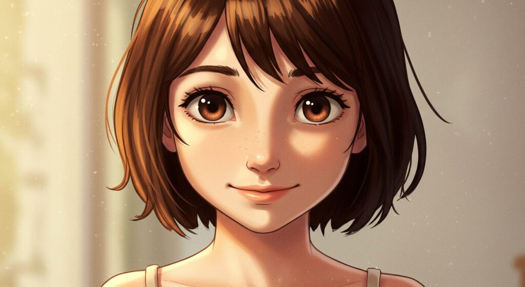 映アムリタのイメージ画像:微笑んでいるようにも、何か別の感情を秘めているようにも見える、茶髪の女性キャラクターの曖昧な表情のアップ。アニメ調イラスト