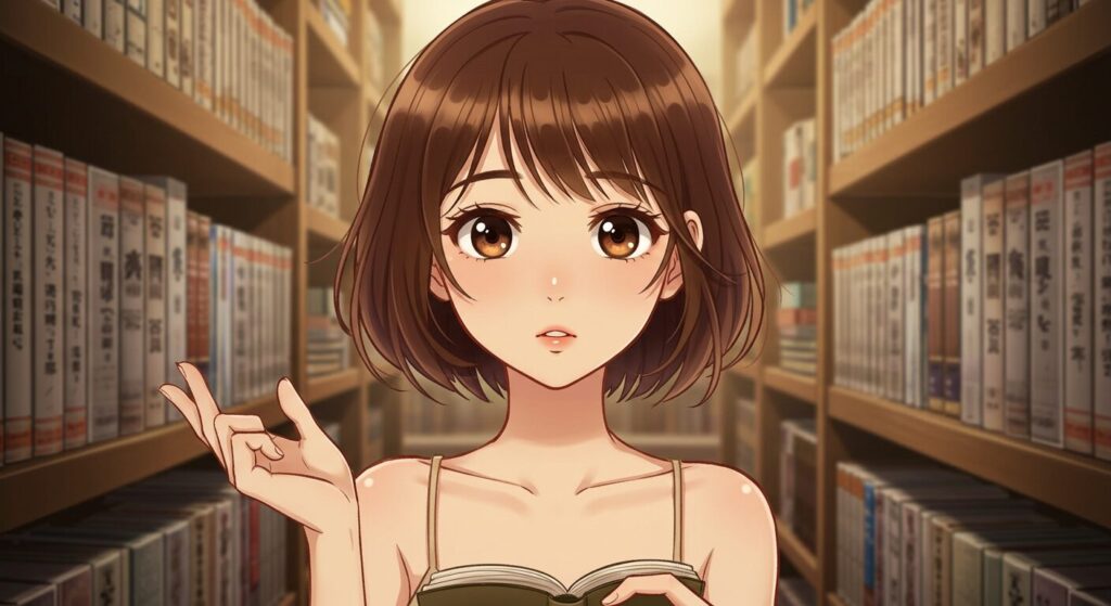 映アムリタのイメージ画像:本棚の前で読みたい本を選んでいる茶髪の女性キャラクター。アニメ調イラスト