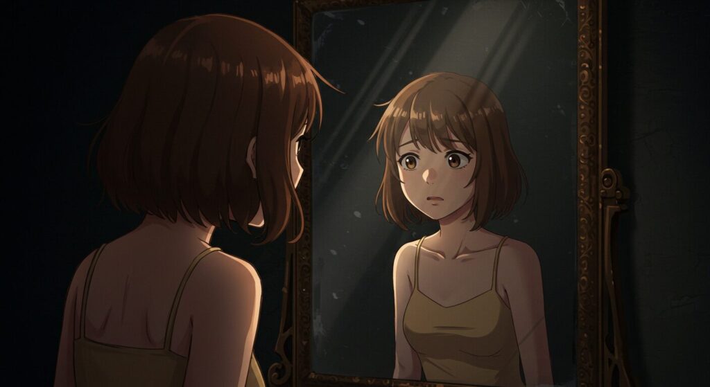映アムリタのイメージ画像:歪んだ鏡に映る自分を不安げに見つめる茶髪の女性キャラクター。アニメ調イラスト