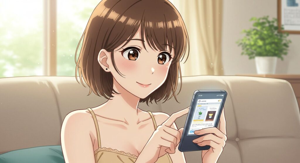 映アムリタのイメージ画像:スマートフォンで電子書籍を楽しむ茶髪の女性キャラクター。初心者でも簡単そうな雰囲気のアニメ調イラスト