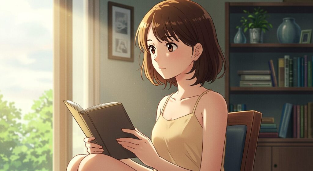 映アムリタのイメージ画像:落ち着いた部屋で、茶髪の女性キャラクターが穏やかな表情で本(またはタブレット)を読んでいる。アニメ調イラスト
