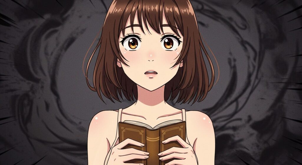映アムリタのイメージ画像:読み終えた本を手に、衝撃のラストに呆然とする茶髪の女性キャラクター。アニメ調イラスト