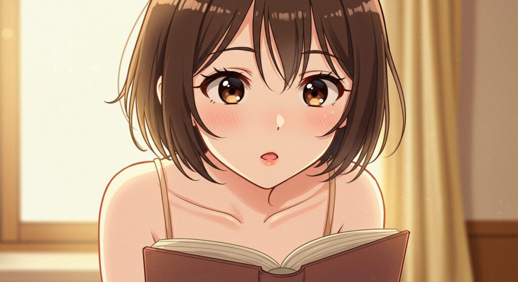 映アムリタのイメージ画像:本(またはタブレット)を興味深そうに試し読みしている茶髪の女性キャラクター。アニメ調イラスト