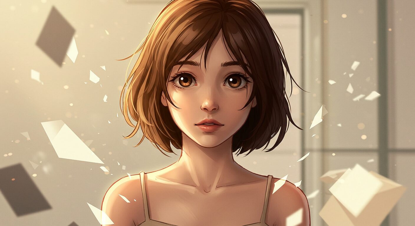 映アムリタのアイキャッチ画像：こちらをミステリアスな表情で見つめる茶髪の女性キャラクターと、周囲に漂う光の断片や本のページのような抽象的エフェクト。SFミステリー風のアニメ調イラスト