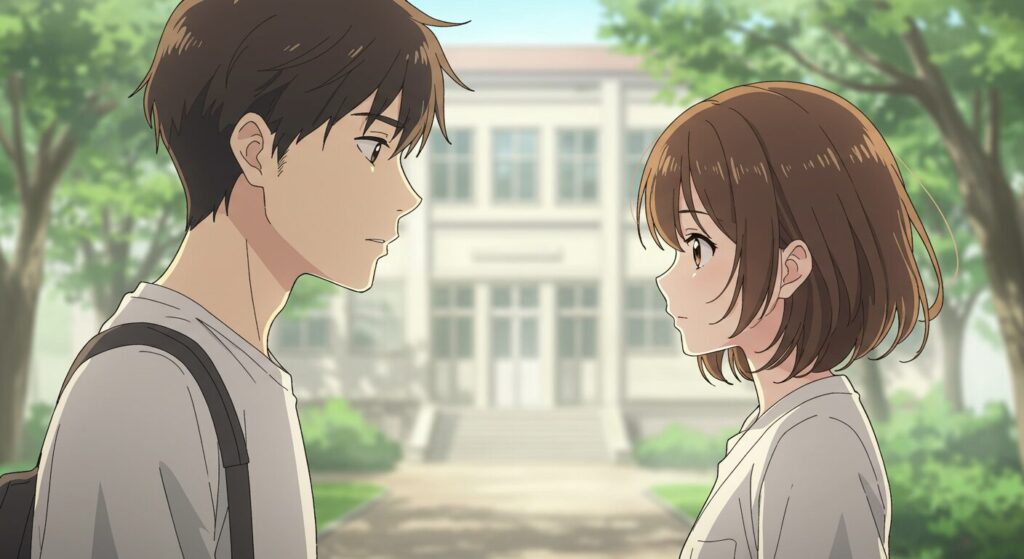 映アムリタのイメージ画像:芸大キャンパスで向き合う主人公風の男性とミステリアスなヒロイン。アニメ調イラスト