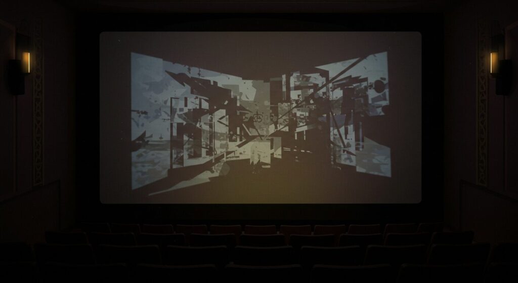映アムリタのイメージ画像:古い映画館のスクリーンに映る抽象的で不気味な映像。アニメ調イラスト