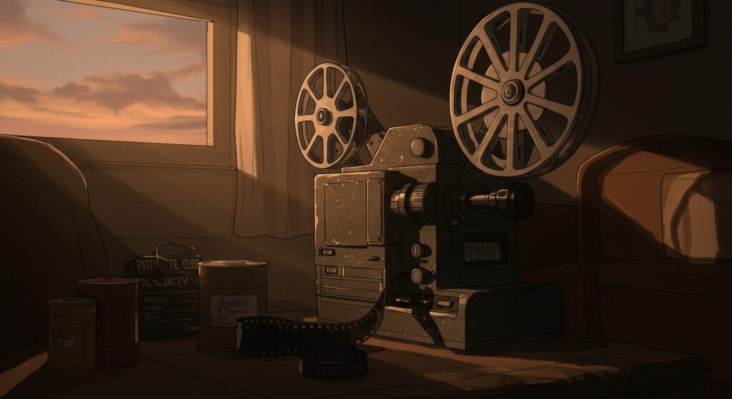 映アムリタのイメージ画像:夕暮れの光の中に置かれた古い映写機とフィルム缶。物語のミステリアスな雰囲気を漂わせるアニメ調イラスト