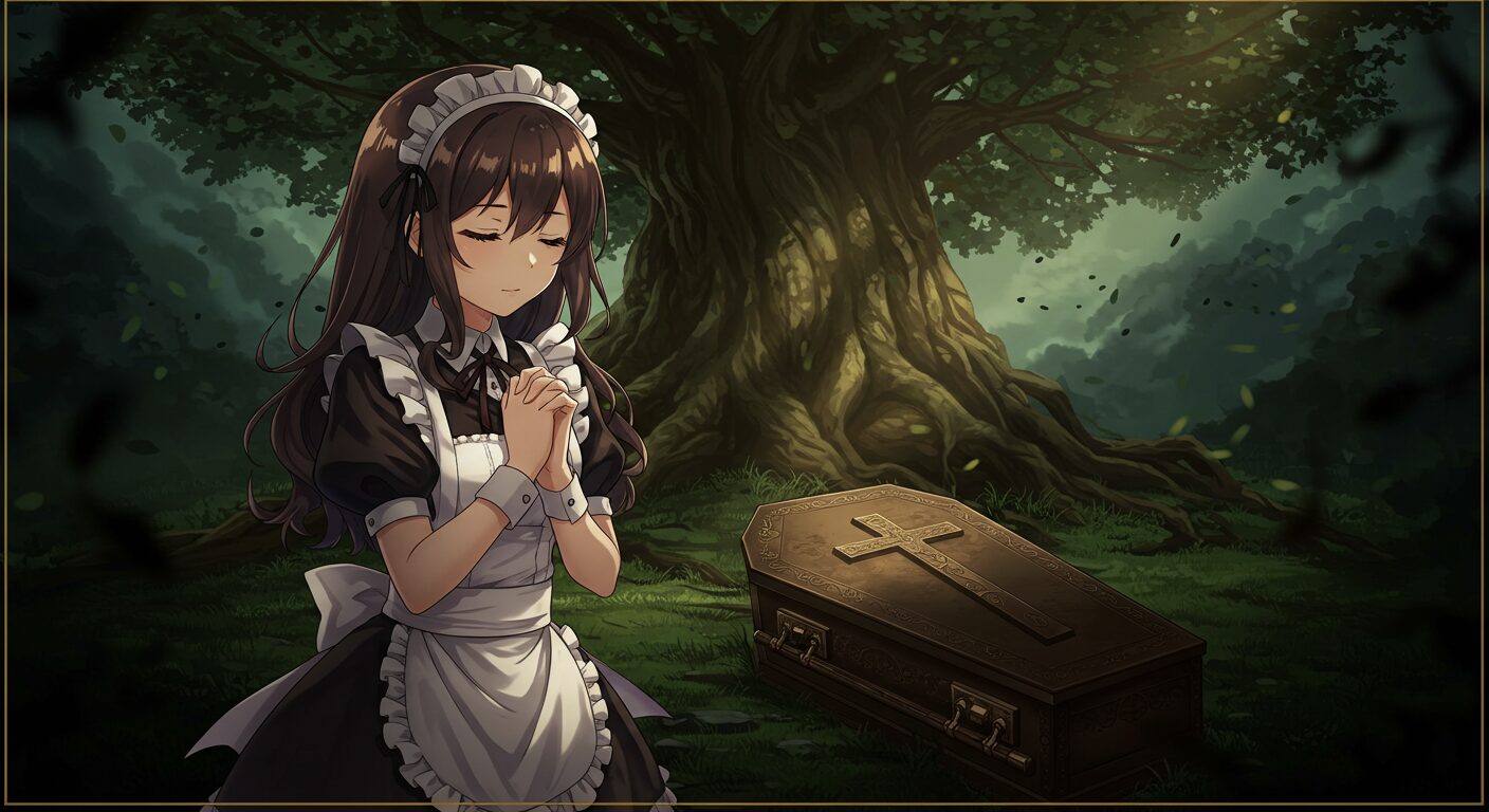 世界樹の棺のアイキャッチ画像。目を閉じ祈るメイド服の少女（恋塚愛埋）と背景の世界樹、足元の棺が描かれた神秘的でダークなアニメ調イラスト