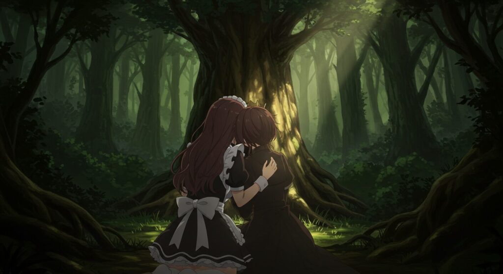 世界樹の棺のイメージ画像。薄暗い森で寄り添うメイド服の少女(恋塚愛埋)ともう一人の少女の後ろ姿が描かれた、親密さと切なさを感じさせるダークなアニメ調イラスト