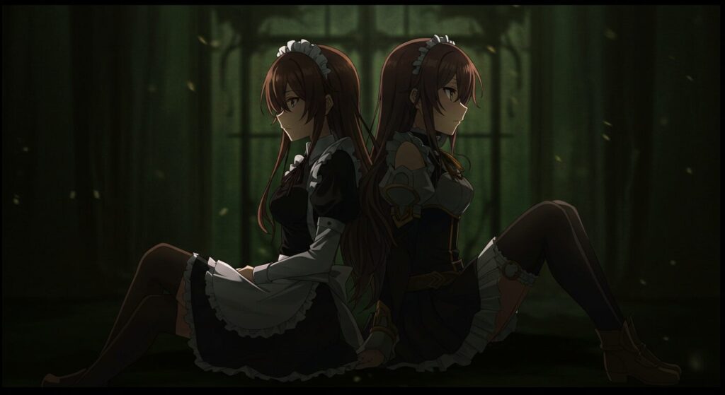 世界樹の棺の百合要素イメージ。背中合わせに座るメイド服の少女(恋塚愛埋)ともう一人の少女のシルエットが描かれた、微妙な関係性を感じさせるダークなアニメ調イラスト