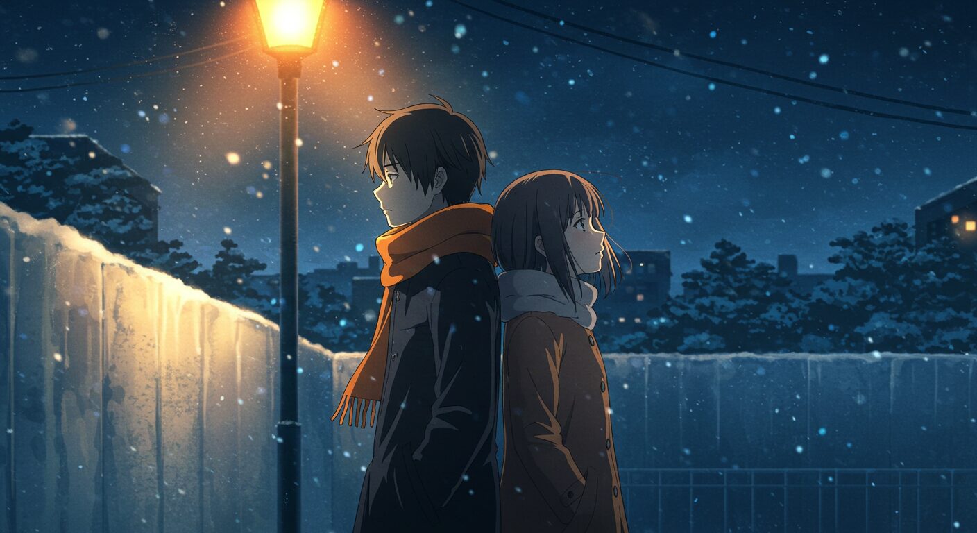 雪の夜、壊れかけた鏡の前に立つ若い男女、掛橋啓太と大野千草。鏡には二人の姿が歪んで映し出され、複雑な関係性と「愛とは何か」という問いを象徴している。アニメ調のイラストで、幻想的かつ少し不気味な雰囲気。作品「引きこもりの弟だった」の衝撃的で考えさせられる側面を象徴する。