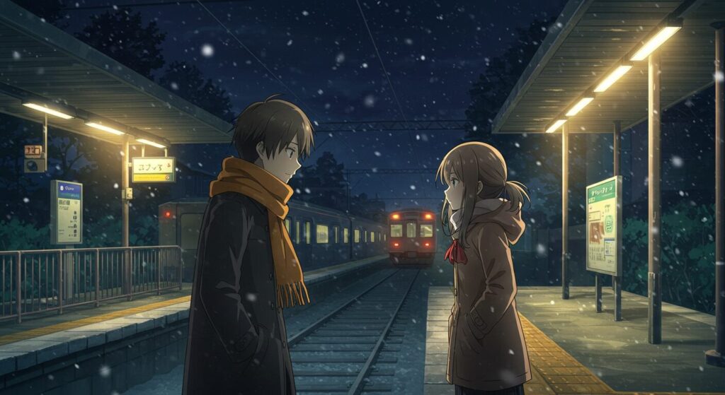 ライトノベル「引きこもりの弟だった」より、雪が舞い降る夜の駅のホームで出会う掛橋啓太と大野千草。二人の間には緊張感と運命的な何かが漂い、物語の不穏な始まりを予感させるアニメ調イラスト