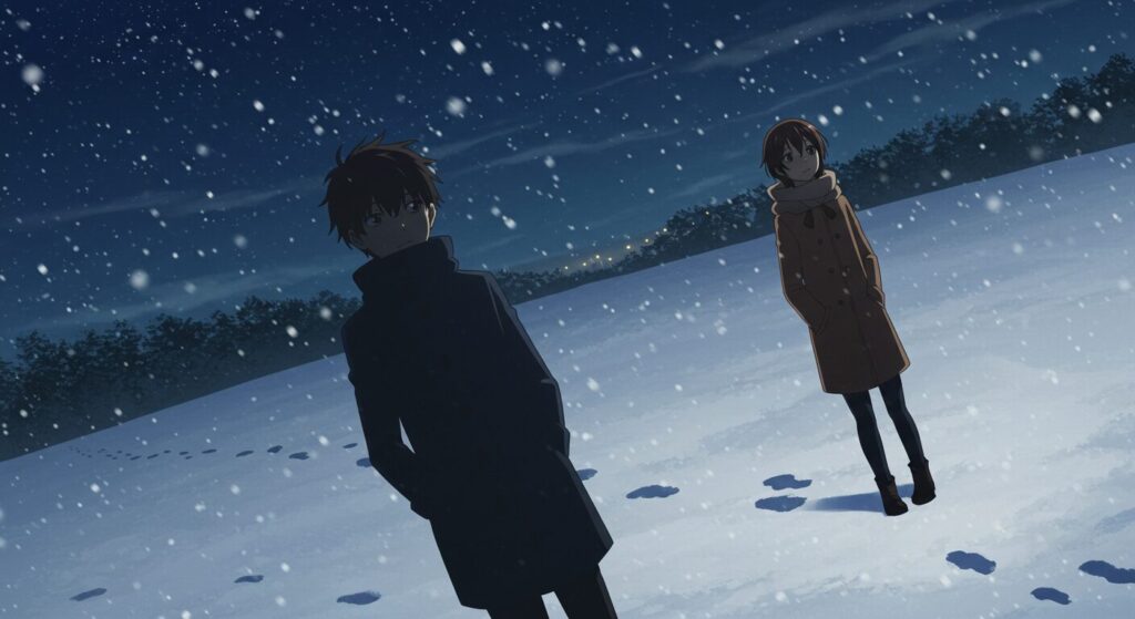 ライトノベル「引きこもりの弟だった」より、雪景色の中で複雑な関係性を暗示する二人の人物の影。「幸せ」と「愛」の形を問いかけるテーマを象徴するアニメ調イラスト
