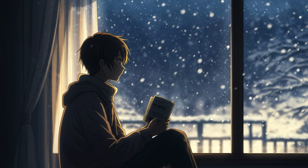 ライトノベル「引きこもりの弟だった」を読み終え、窓の外の雪景色を見ながら物思いにふける人物のシルエット。作品が呼び起こす複雑な感情や深い余韻を象徴するアニメ調イラスト