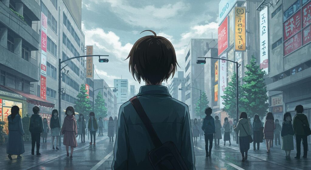 ライトノベル「引きこもりの弟だった」より、現代社会における若者の生きづらさや孤独感を象徴する、都市の中で孤立する人物を描いたアニメ調イラスト