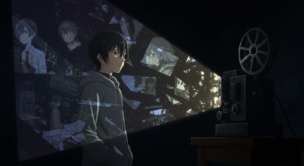 ライトノベル「いなくなれ、群青」の映画版をイメージしたアニメ調イラスト。主人公・七草と映写機、物語の断片が描かれる