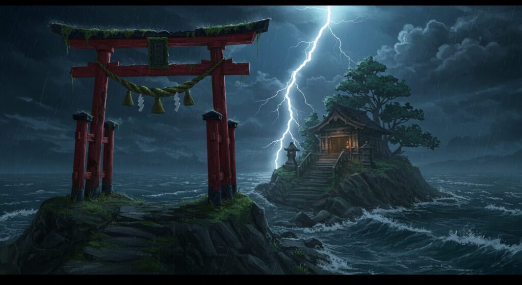 ライトノベル「呪殺島の殺人」の舞台、赤江島の呪われた伝承を象徴する画像。嵐の夜、崖の上に不気味にそびえる古びた鳥居と、その奥に見える荒れ果てた祠