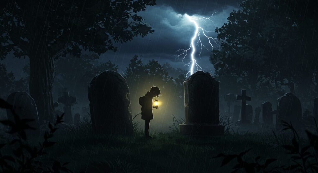 ライトノベル「呪殺島の殺人」の真犯人の悲しい動機を象徴するイメージ。嵐の夜、雨に打たれながら古い墓石の前でうなだれる人物のシルエット。孤独と絶望感が漂う