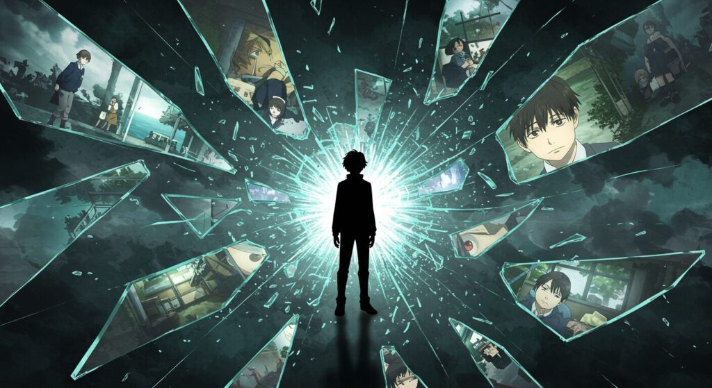 ライトノベル「呪殺島の殺人」の主人公の記憶喪失と隠された真実を象徴する画像。砕け散るガラスの破片の中心に立つ秋津真白のシルエットと、その破片に映り込む複数の異なる風景や人物の断片