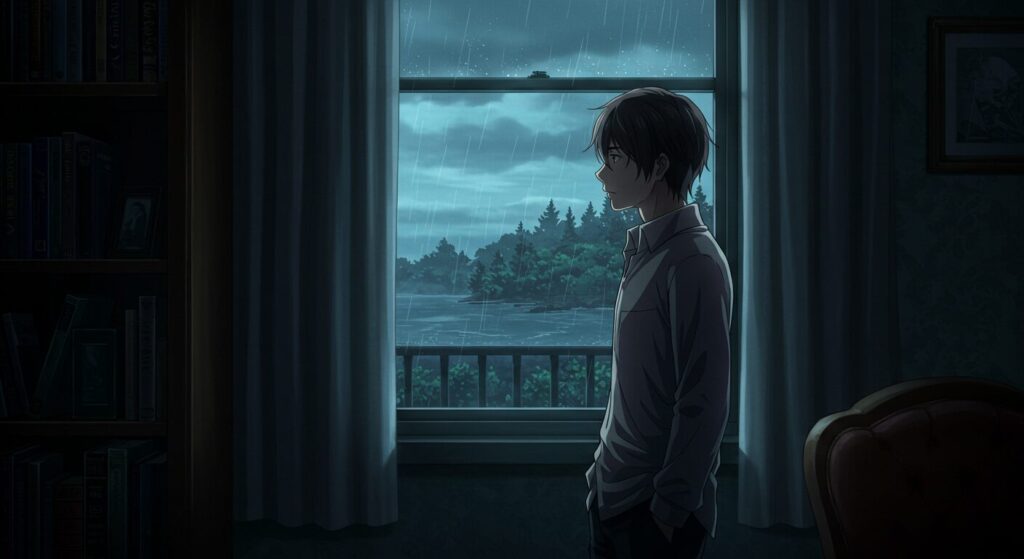 ライトノベル「呪殺島の殺人」の感想・評価セクションのイメージ。薄暗い部屋の窓辺に立ち、雨が降る外の孤島の風景を物憂げに眺める主人公・秋津真白。読後の余韻や考察を象徴するシーン