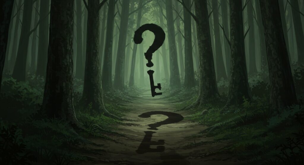 ライトノベル「呪殺島の殺人」の深いテーマ性を象徴する画像。薄暗い森の奥深く、迷路のように入り組んだ道の上に、疑問符と鍵の形をした影が落ちている