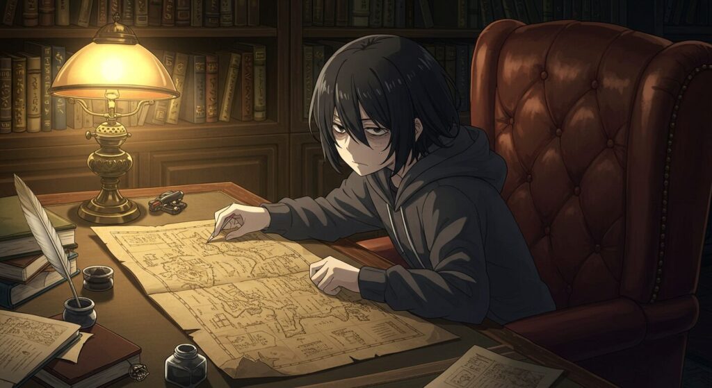 ライトノベル「階段島シリーズ」の世界を探求する主人公・七草のアニメ調イラスト。作者・河野裕の作品世界の奥深さを表現