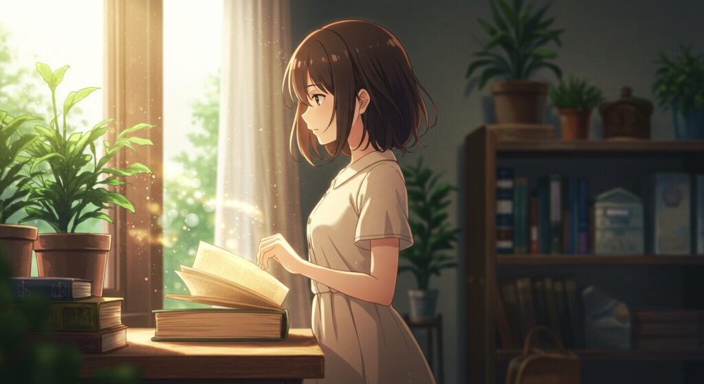ライトノベル『神様のビオトープ』を読み終えた後の主人公うる波と、満足感や物語の余韻を象徴する光と本を描いた、幻想的で美しい水彩画風イラスト