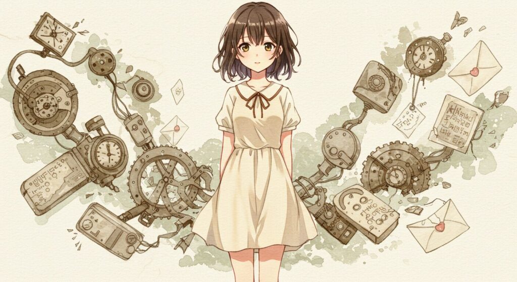 ライトノベル『神様のビオトープ』の主人公うる波と物語性を象徴するモチーフを描いた、水彩画風のイラスト