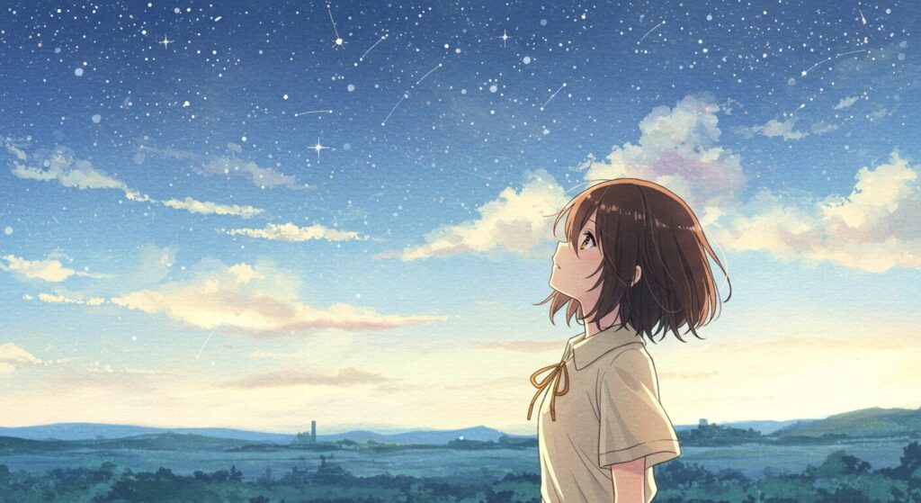 ライトノベル『神様のビオトープ』がもたらす感動や希望を象徴する、美しい星空または虹の水彩画風イラスト