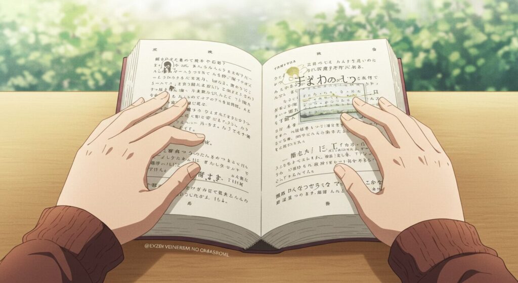 ライトノベル『神様のビオトープ』を読み進める読者の手元と開かれた本を描いた、落ち着いた雰囲気の水彩画風イラスト