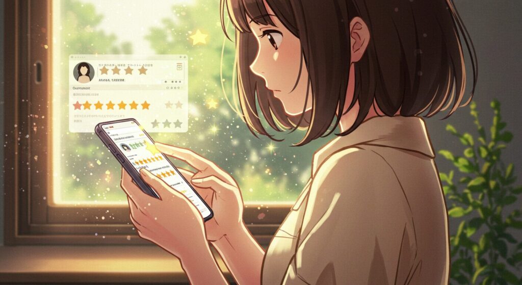 『神様のビオトープ』の主人公うる波がスマートフォンでレビューや口コミを読んでいる様子をイメージした、幻想的で優しい水彩画風イラスト